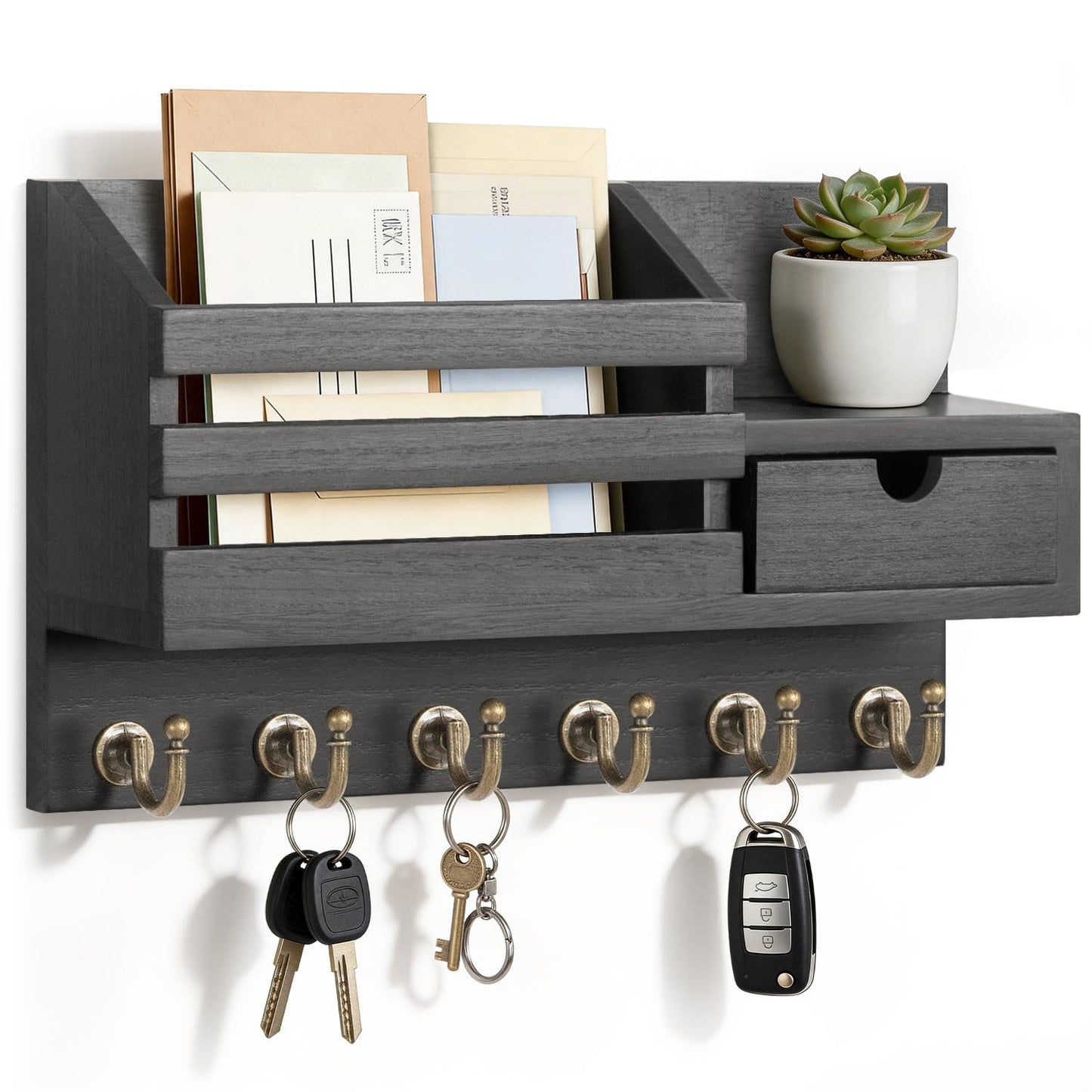 FifthQuarter Key Holder Wall Mount with Drawer and 6 Sturdy Hooks, A-Black