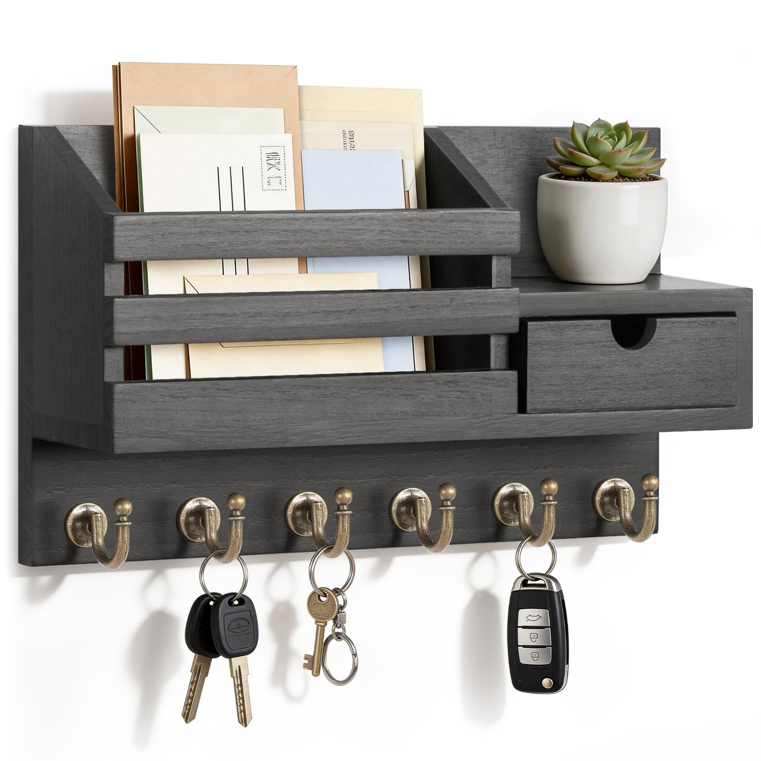 FifthQuarter Key Holder Wall Mount with Drawer and 6 Sturdy Hooks, A-Black
