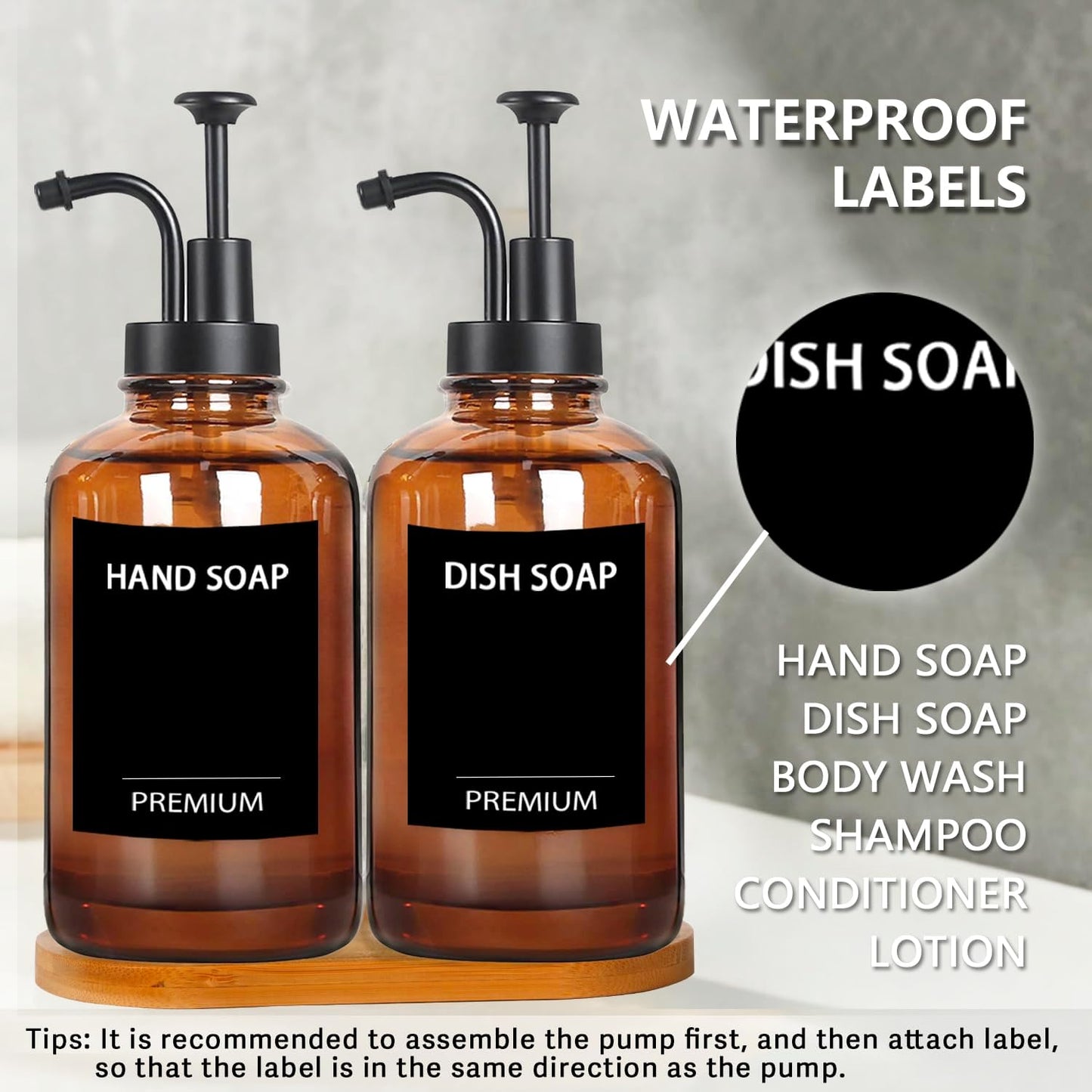 Amber 18 Oz Dish Soap Dispenser for Kitchen, Ultra-Thick Glass Soap Dispenser Set with Tray, Pump, Funnel for Bathroom, Liquid, Lotion, Shower, Laundry, (2 Pack with 12 Stickers)