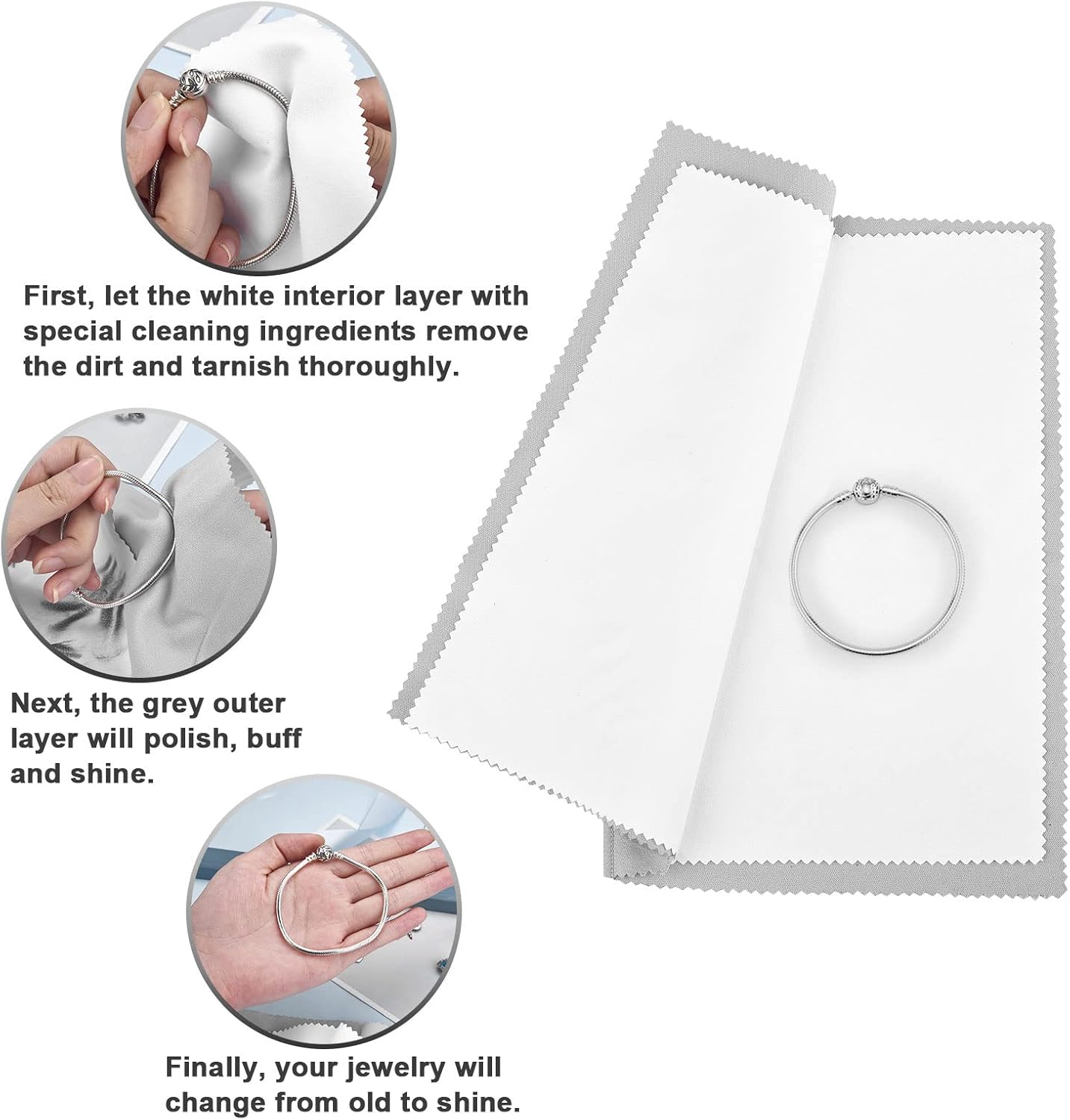 SEVENWELL Silver Polishing Cloth, Jewelry Cleaner Cloth for Sterling Silver Jewelry, Gold, Platinum, Silverware, Diamonds, Gemstones, Coins (4pcs Light Gray)