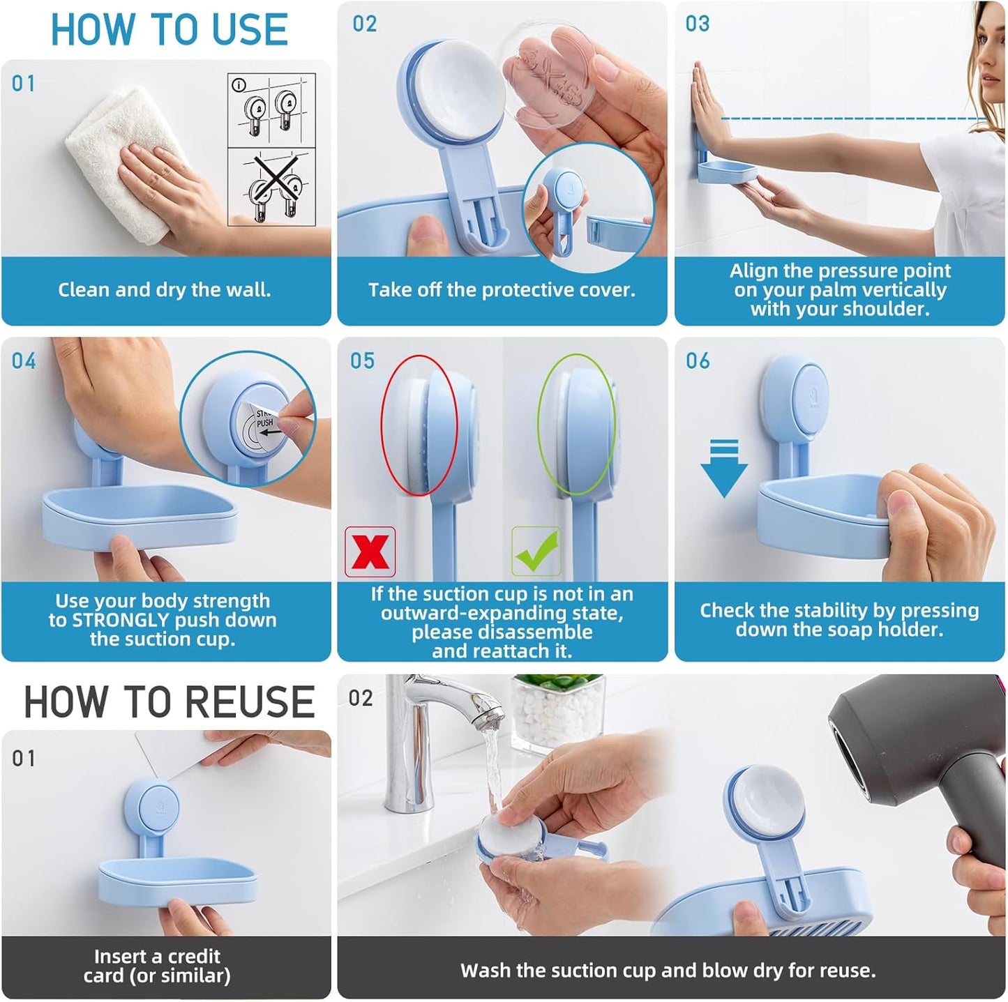 LEVERLOC Soap Dish Holder for Shower Suction Cup Wall Mounted Self Draining NO-Drilling Removable Bar Soap Sponge Holder for Bathroom Bathtub Kitchen Sink Waterproof Strong Vacuum Suction, Blue