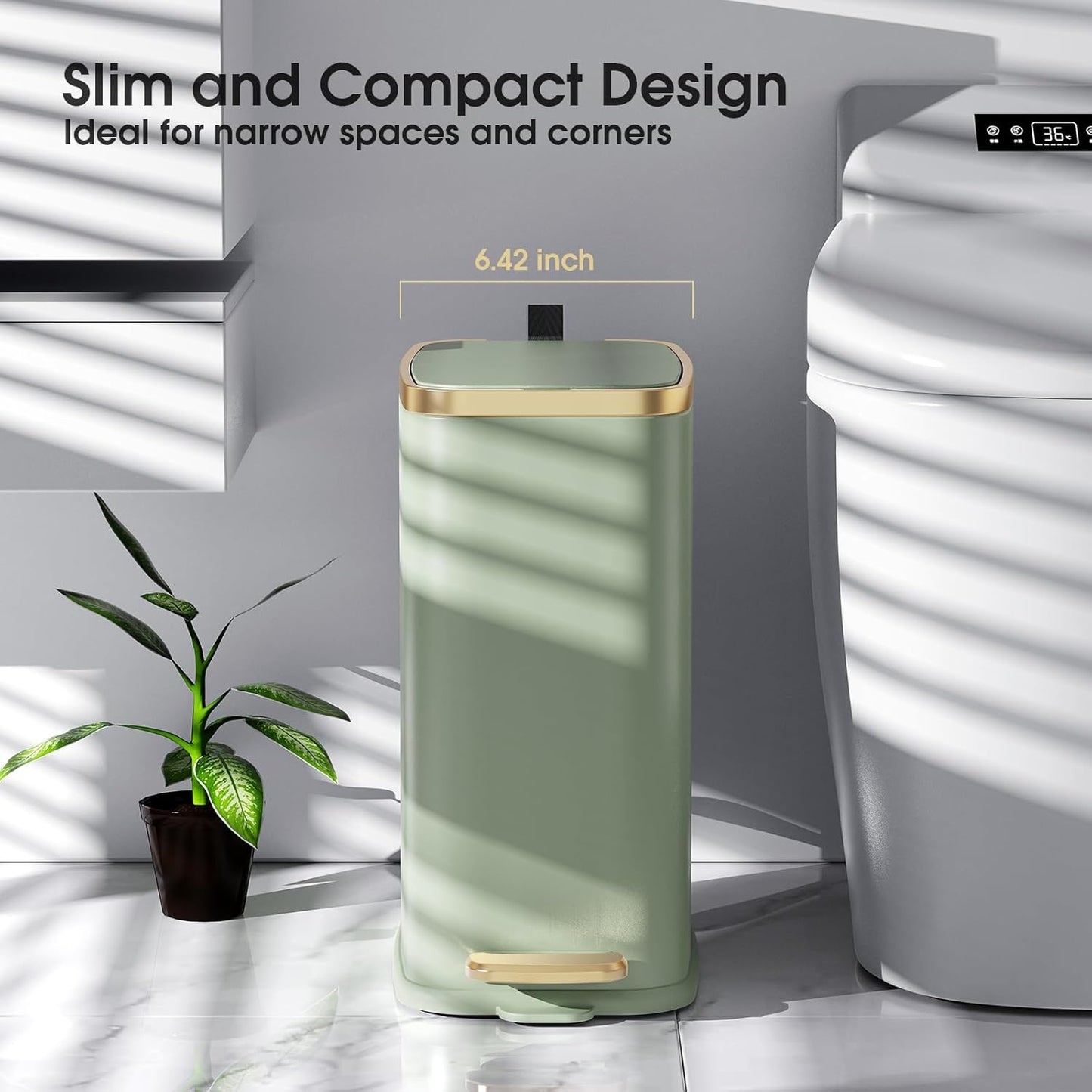 CEROELDA Small Bathroom Trash Can with Lid Soft Close-5L/1.3 Gal Slim Garbage Can-Metal Step Wastebasket-Rectangle Narrow Waste Bin for Office, Bedroom, Toilet, Live Room (Green)