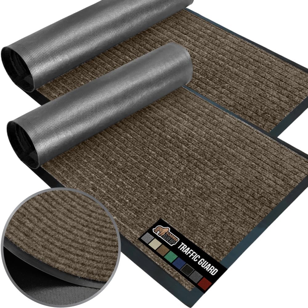 GORILLA GRIP Traffic Guard Door Mat, 2 Pack, Heavy Duty Waterproof Doormat, Commercial Office Space Welcome Mats, Stain and Fade Resistant, Low Profile, Strong Rubber Backing, 29x17, Brown