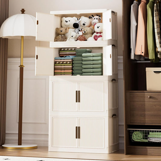 Stackable Storage Bins with Lid 44Gal/176QT Plastic Collapsible Storage Cabinet 4 Tiers Foldable clothes Organizers and Storage bins with Wheels and Doors for Home Office White