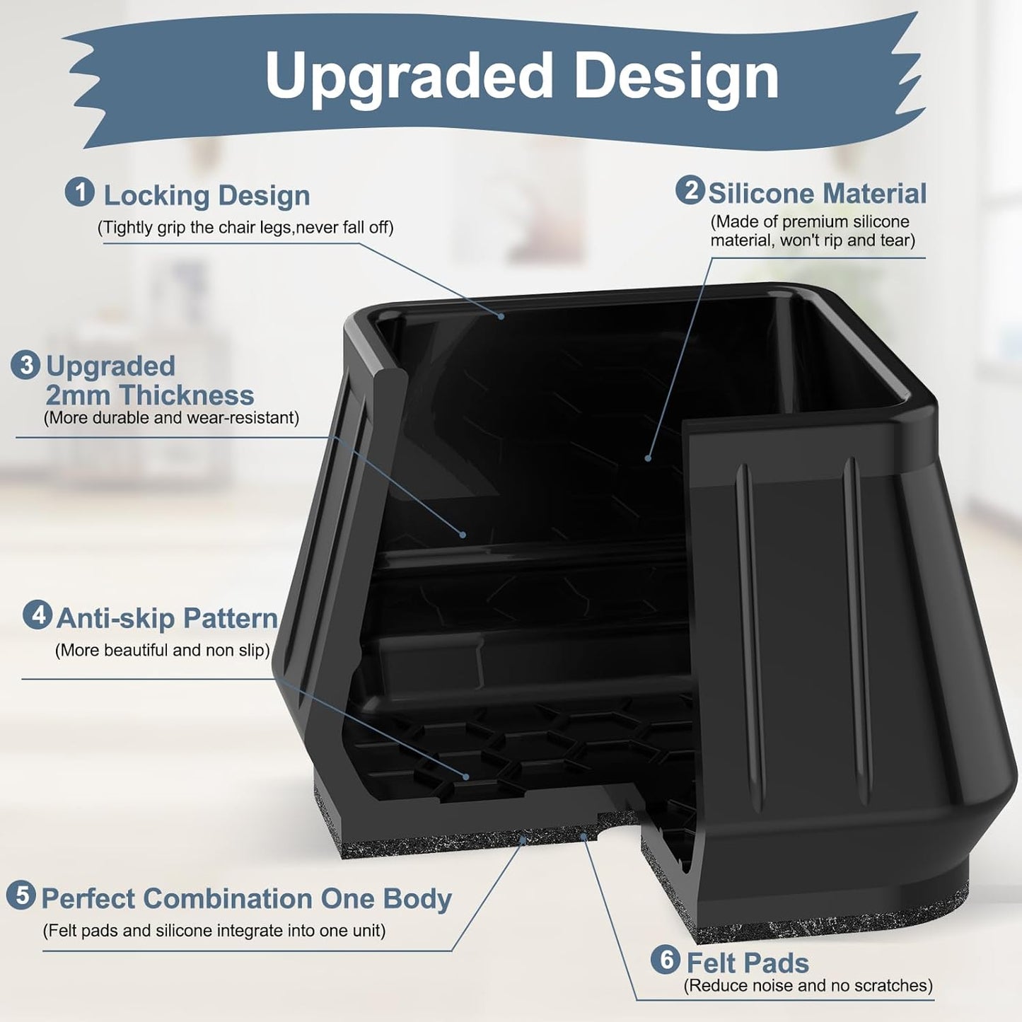 24PCS Square Chair Leg Floor Protectors for Hardwood Floors, Thicken Rubber Chair Leg Cap Covers, Non Slip Furniture Leg Pads to Protect Wood Tile Floors from Scratches and Reduce Noise