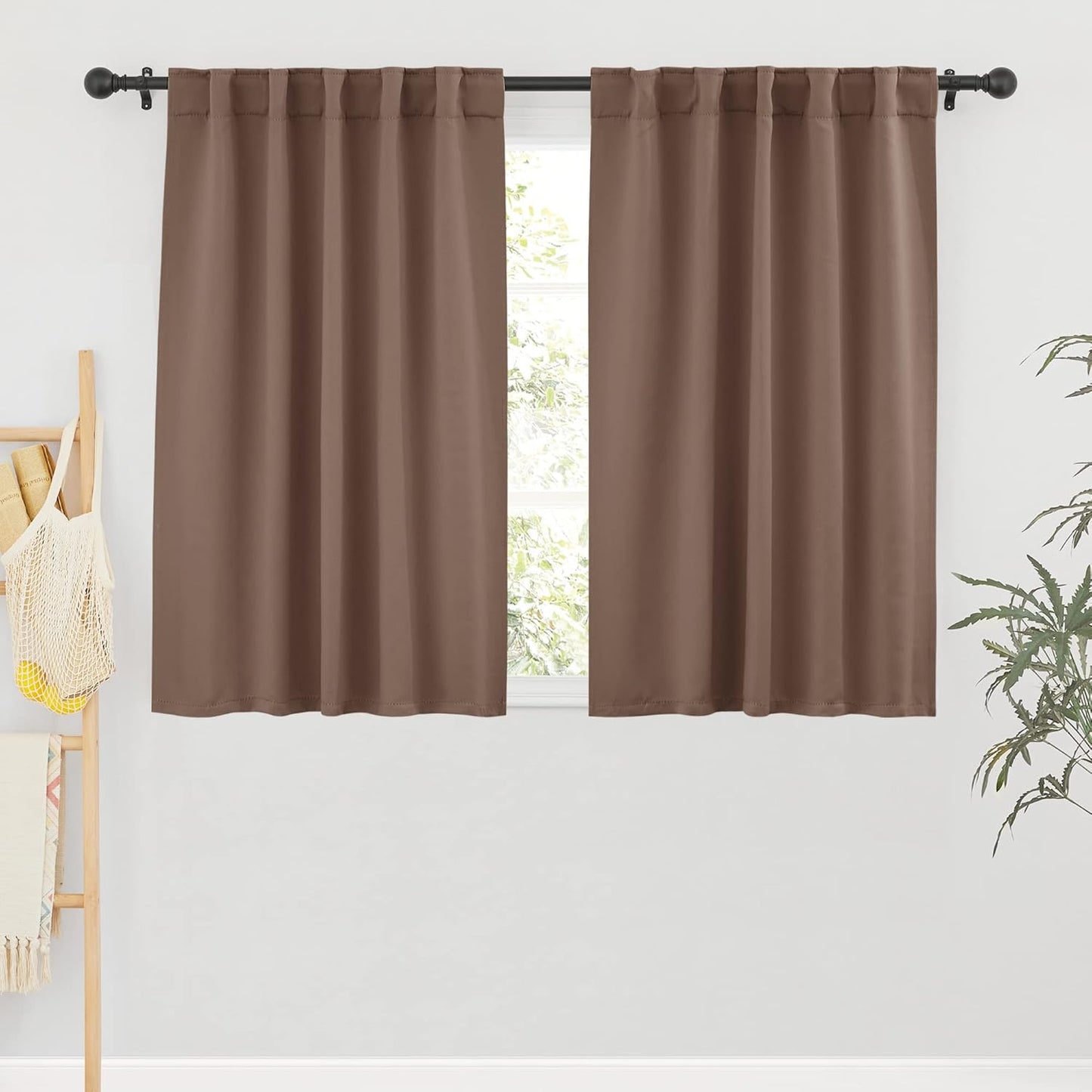 RYB HOME Farmhouse Curtains Blackout - Light Block Thermal Insulated Curtains for Kitchen Cafe Bar Bedroom with Back Tab Top Versatile Hanging, Width 42 x Length 45, Mocha, 2 Panels