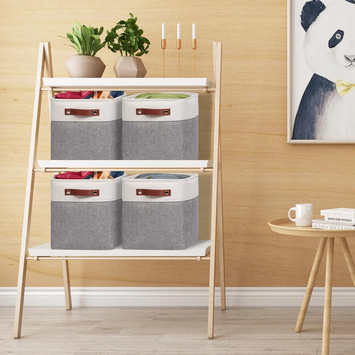 Univivi 10.5 Inch Fabric Cube Bins with Hard Bottom, 4 Pack Storage Baskets with PU Handles for Shelves Closet Foldable Storage Bins for Organizing (Gray,10.5" x 10.5" x 11")