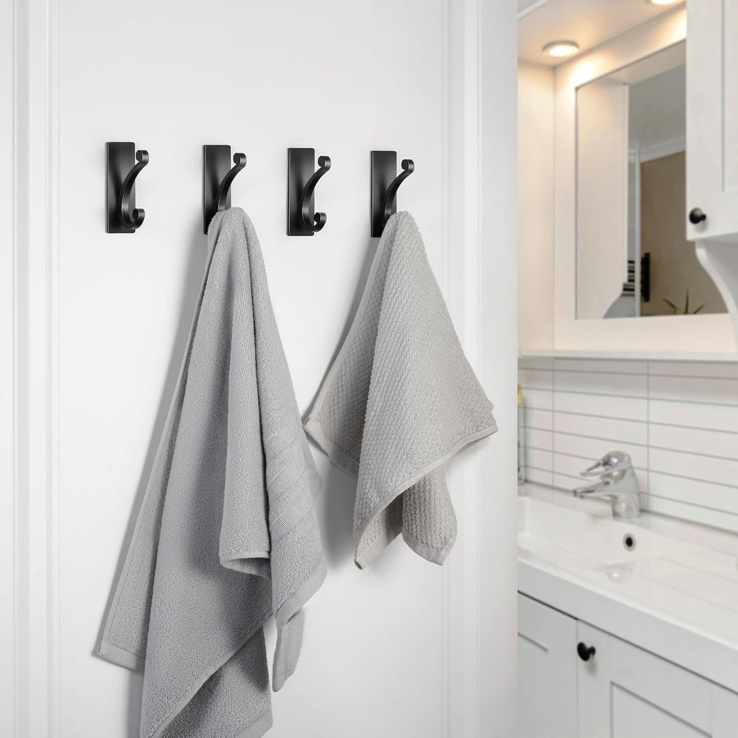 Adhesive Wall Hook for Towel/Coat - Extra Sticky 10LB Stainless, Stick on Hanger for Bath or Shower, Matt Black 4-Pack