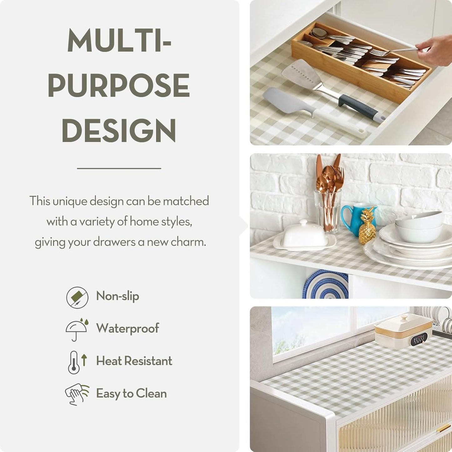 Drawer Shelf Liner for Kitchen Cabinet Liner Non-Adhesive Non-Slip Shelf Thick Strong Grip Waterproof Contact Paper Easy to Clean for Shelves,Green Plaid,17.5IN X 10FT