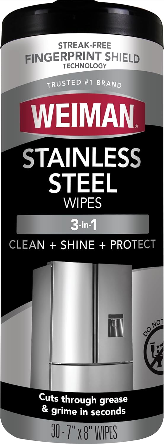 Weiman Stainless Steel Cleaner, 30 Count Cleaning Wipes, Removes Dirt, Grime, and Grease, No Streaks or Residue, Stainless Steel Polish for a Sparkling Clean and Shiny Surface, Cleaning Supplies