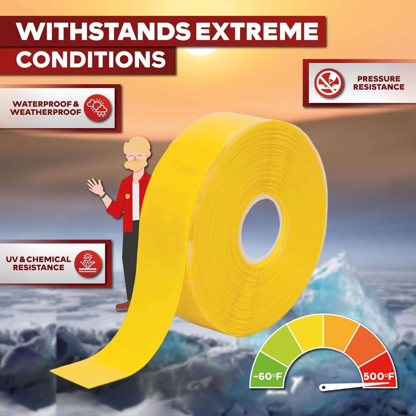 XFasten Self Fusing Silicone Tape Waterproof – 1" x 36 Feet Yellow, Self Amalgamating Tape, Silicone Rubber for Plumbing, Sealing Pipes, Hose Repair, Outdoor Coax and Electrical Cables – Weatherproof