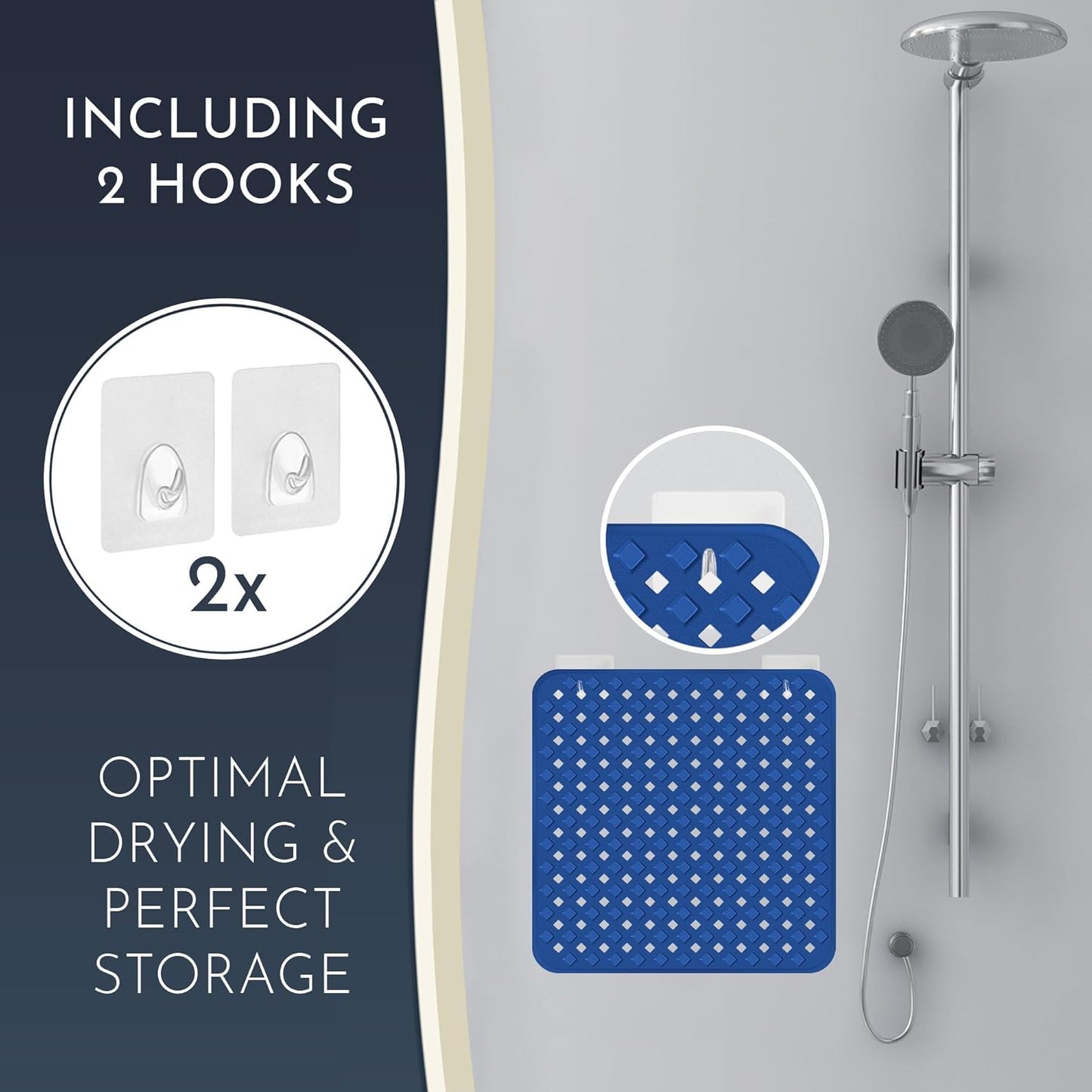 Homerella Anti Slip Shower Mat | Anti Mold Non Slip Bathtub Mat for Inside Shower | Square Floor Shower Mat 21 x 21 inch with Suction Cups for Grip & Hooks Hanging and Quick Drying | Machine Washable