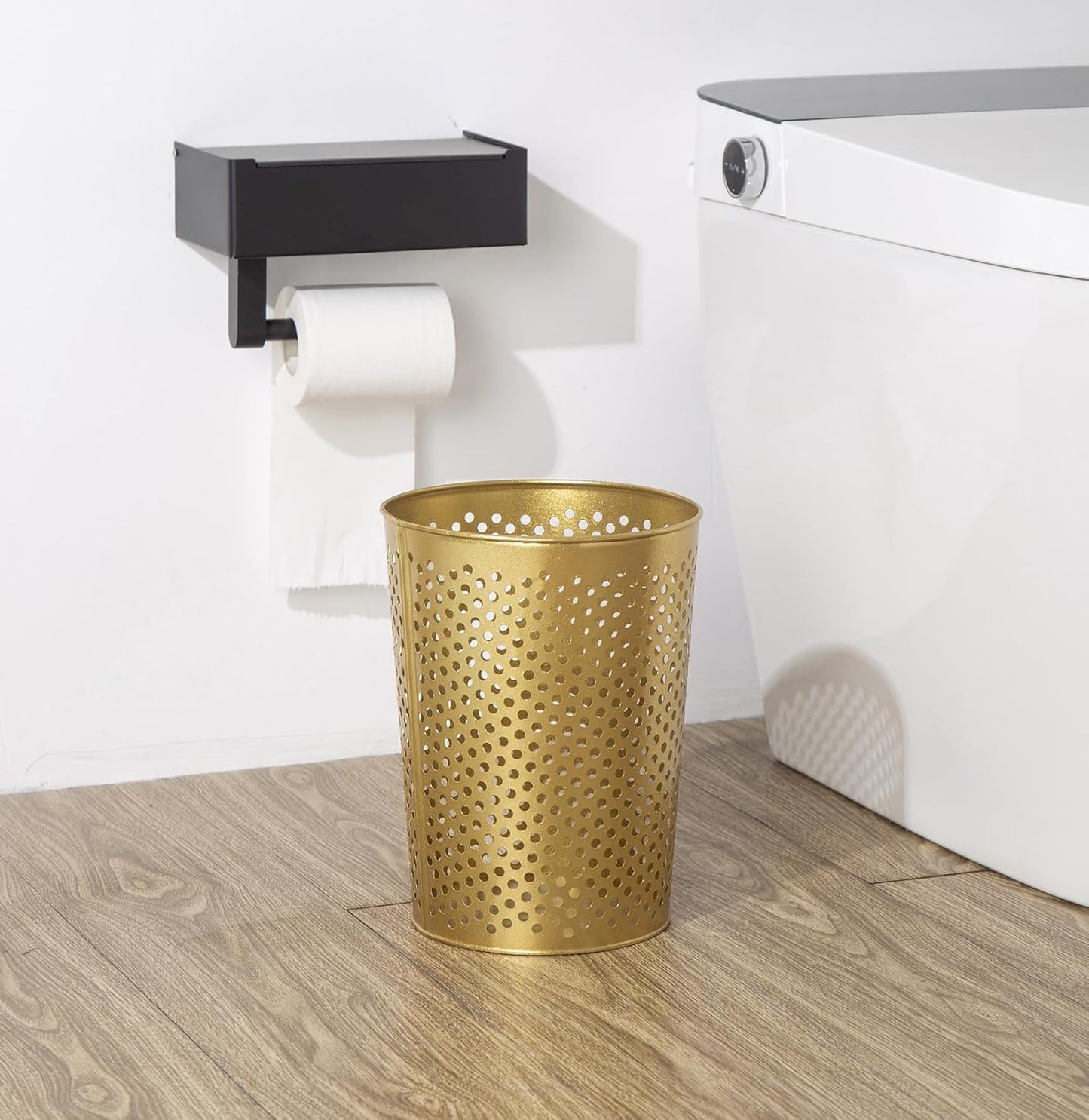 Small Gold Metal Trash Can Wastebasket, Decorative Hollow-Out Garbage Can Waste Paper Bin, Modern Farmhouse Round Trash Bin for Bathroom, Bedroom, Kitchen and Office (Dots)