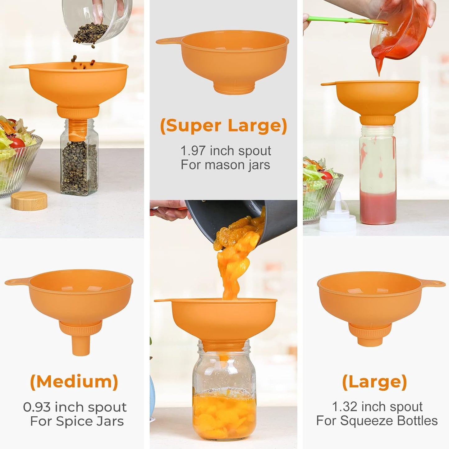 Wide Mouth Kitchen Funnel, Food Grade Plastic Cooking Canning Funnel with 4 Sizes Spouts for Filling Wide and Regular Mason Jars, Spray Dropper Oil Bottle Jug Spices Shampoo Sauce