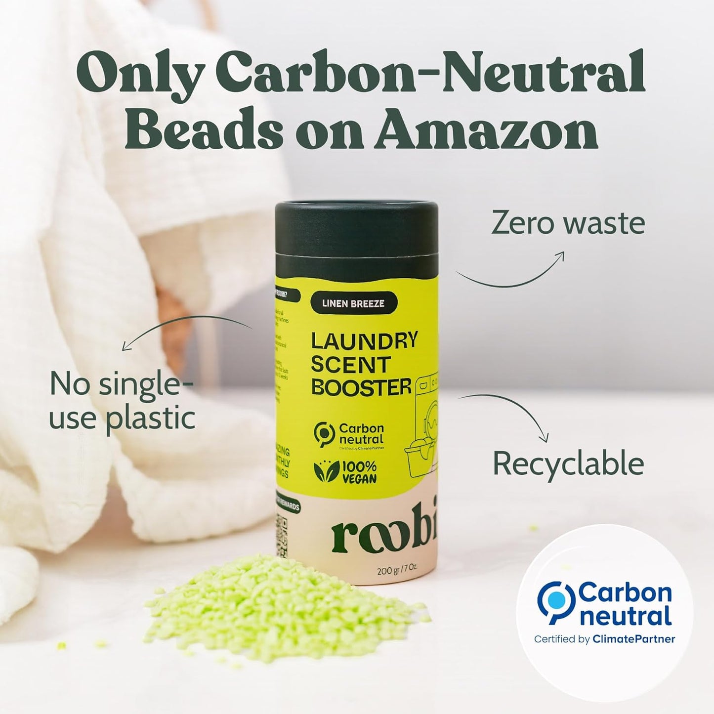 Roobi Sustainable Laundry Scent Booster Beads. Linen Breeze Fragrance Laundry Beads. Up to 20 Washing Cycles. Carbon Neutral, 100% Vegan.