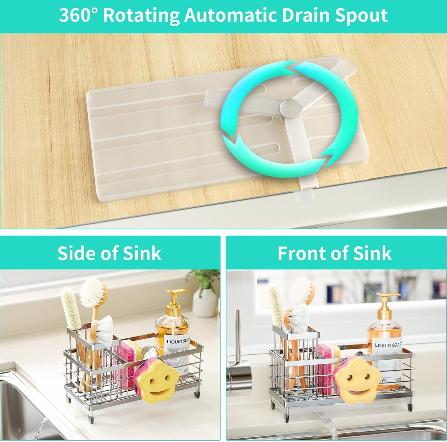 HapiRm Sponge Holder for Kitchen Sink - Self-draining Sink Caddy with Smiley Face and Brush Holder, Stainless Steel Kitchen Organizer for Countertop - Silver