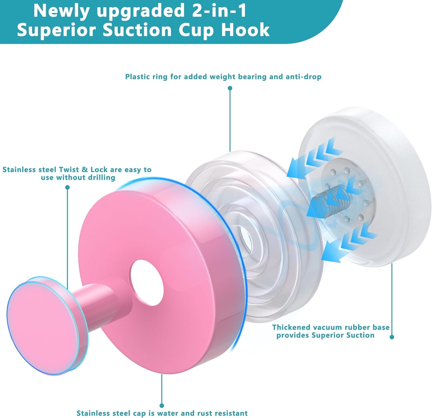 Suction Cup Hooks for Shower,Removable No Drill Towel Hooks,Upgraded 15 lbs Strong Suction hooks for Bathroom Tile,Shower Wall,Glass Door,Kitchen-Loofah,Coat,Stainless Waterproof-Pink 2 Pcs