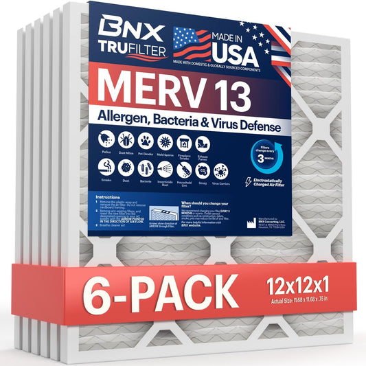 BNX TruFilter 12x12x1 Air Filter MERV 13 (6-Pack) - MADE IN USA - Electrostatic Pleated Air