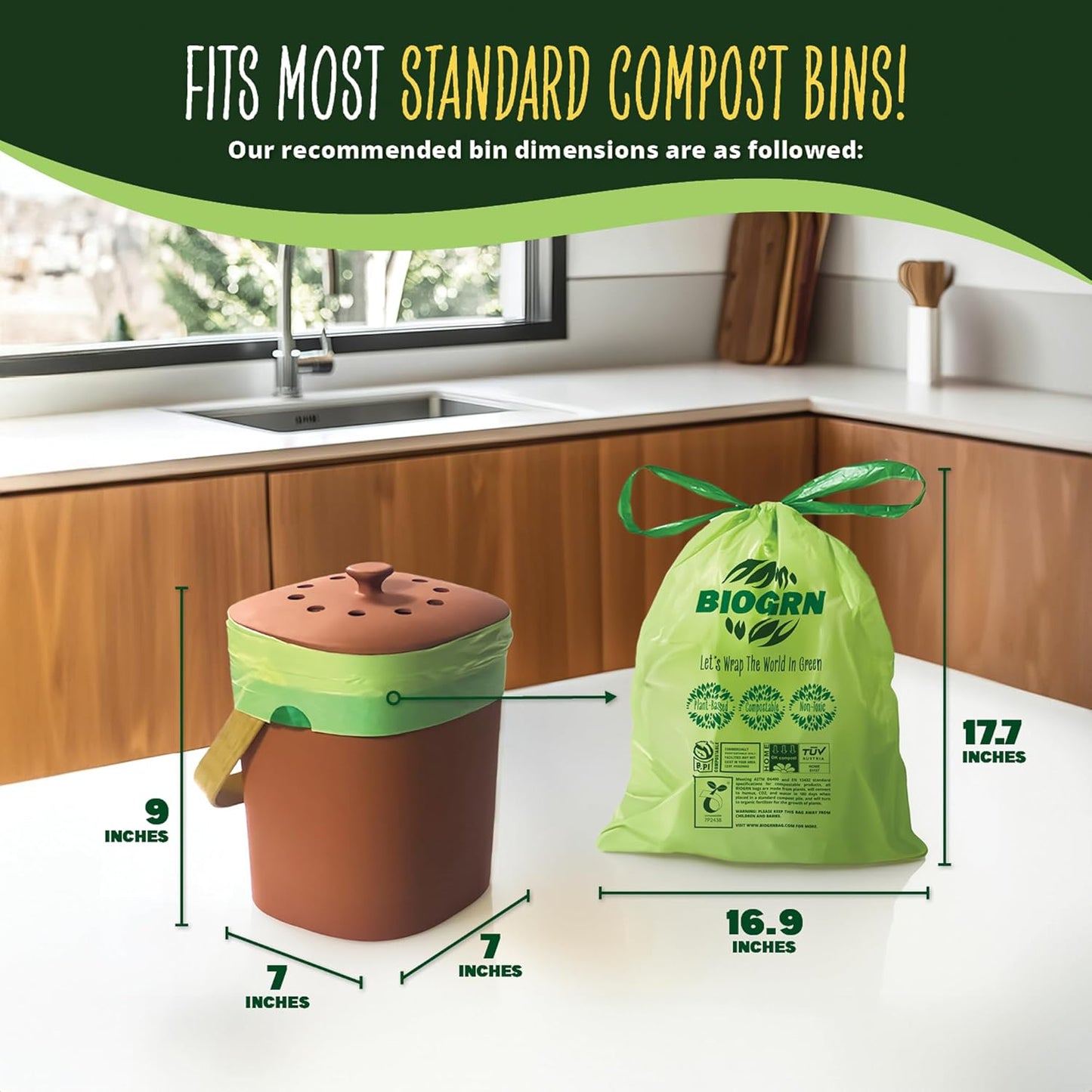 2.6-3 Gallon Compostable Trash Bags Drawstring 50 Bags Extra Thick 1 Mil 11.36 Liter Small Biodegradable Trash Bags for Kitchen Countertop Bin ASTM D6400, US BPI and OK Compost Home Certified