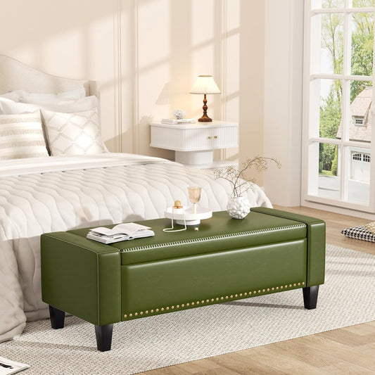 48.8" Storage Ottoman Bench Green | Faux Leather Bedroom Bench with Lift Top for Living Room & Bed