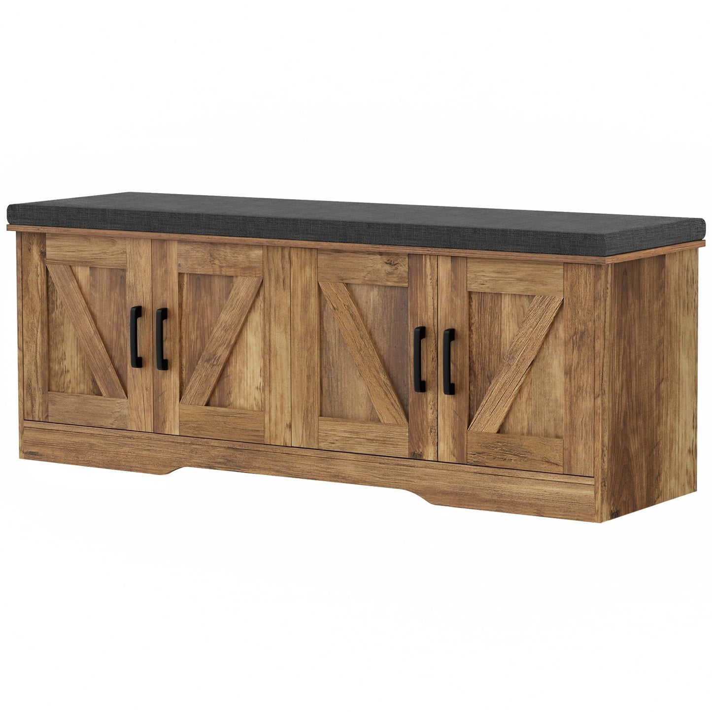 HOMSHO Farmhouse Shoe Storage Bench with 4 Barn Doors & Padded Seat Cushion