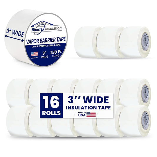 BlueTex Insulationㅤ3 Wide x 180' Long White Vapor Barrier Seam Tape - 16 Rolls Bulk Pack, Great for