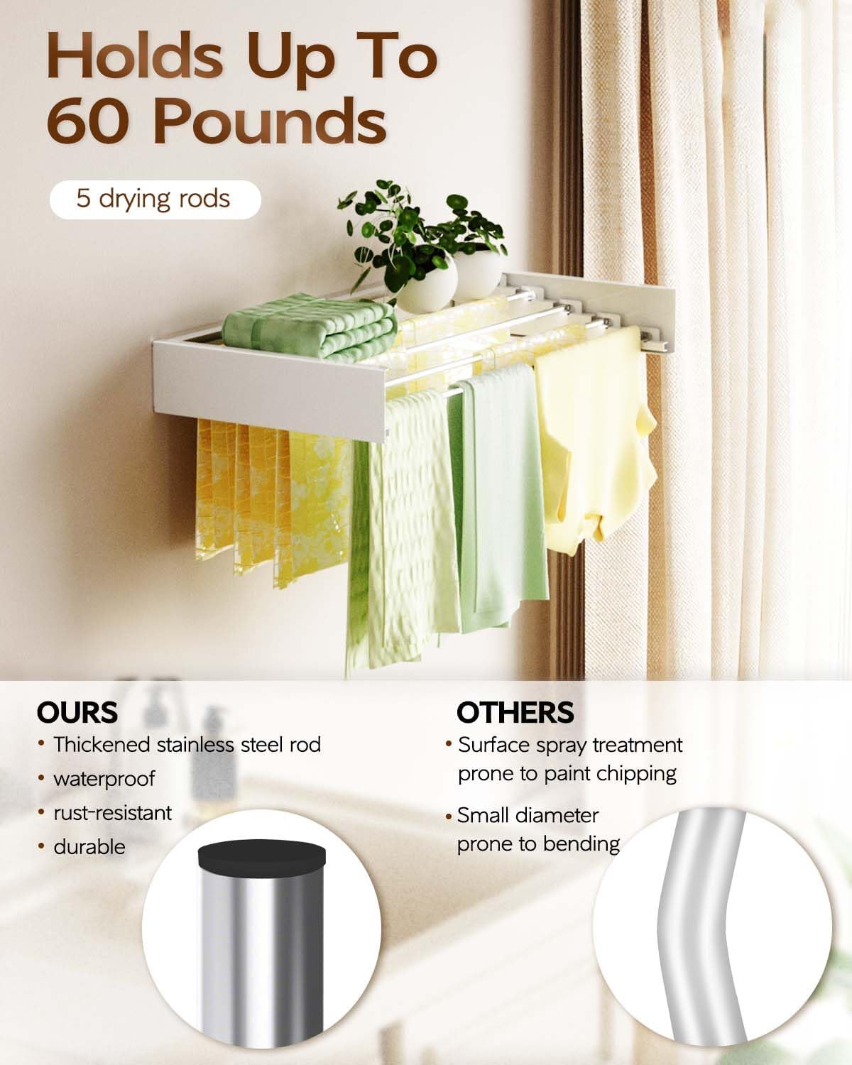 Foldable Wall Mounted Clothes Drying Rack - 32", Collapsible Laundry Drying Rack for Clothing & Towels - Includes Wall Template