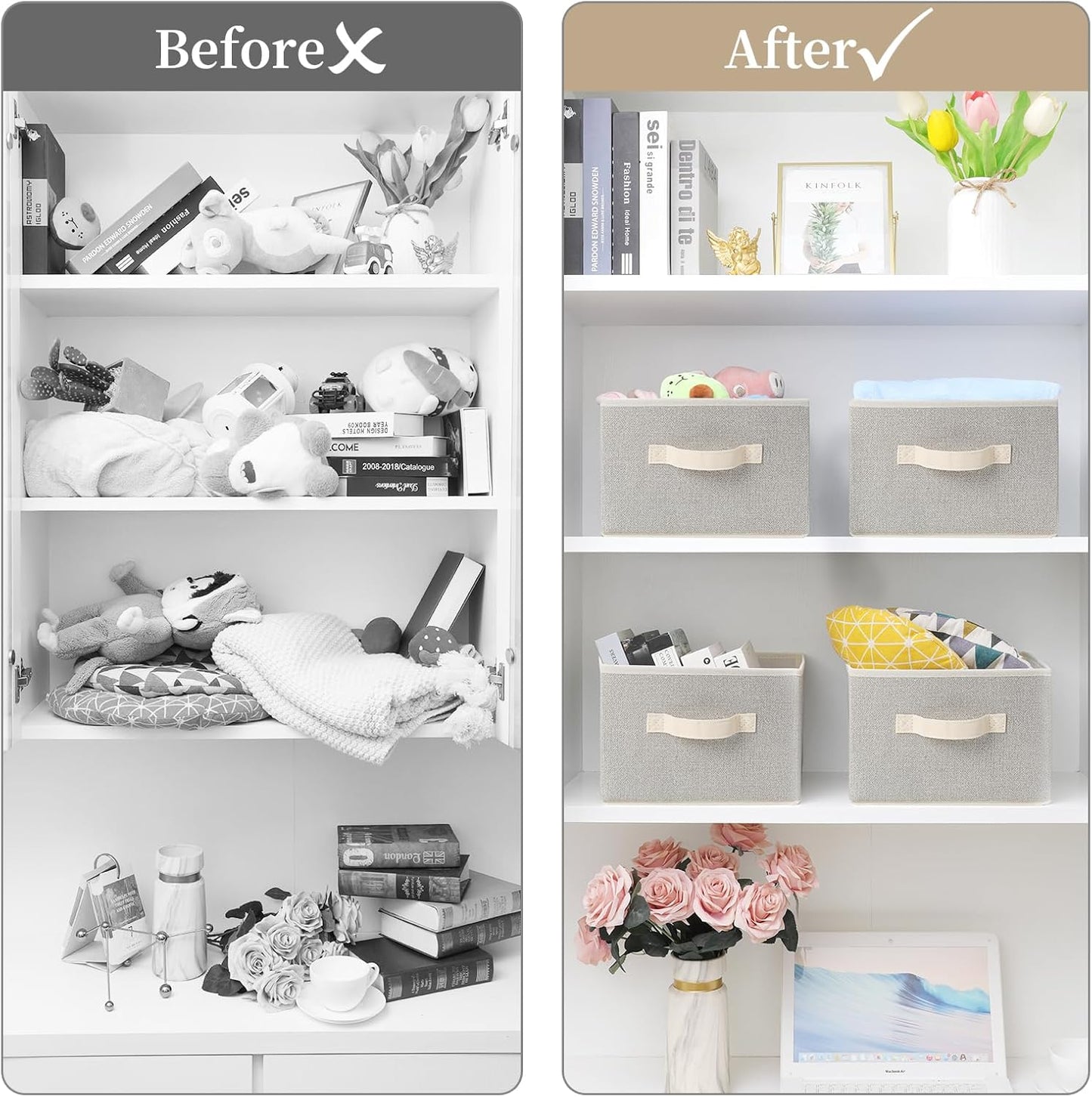 Storage Baskets, 11-Inch Woven Fabric Bins, Storage Cubes with Reinforced Handles, Organizer Bins for Closet Shelves, Foldable, for Toys, Clothes, Natural Beige (4PCS/Beige-11*11*7.8inch)