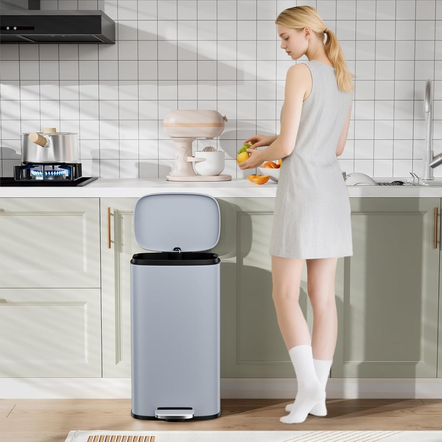 Arlopu 8/13.2 Gallon Step Trash Can, Stainless Steel Garbage Bin, Soft-Close Rubbish Bin with Removable Plastic Inner Bucket, Fingerprint-Proof, Lid Dustbin, Suit for Kitchen Home (Haze Blue, 50L)