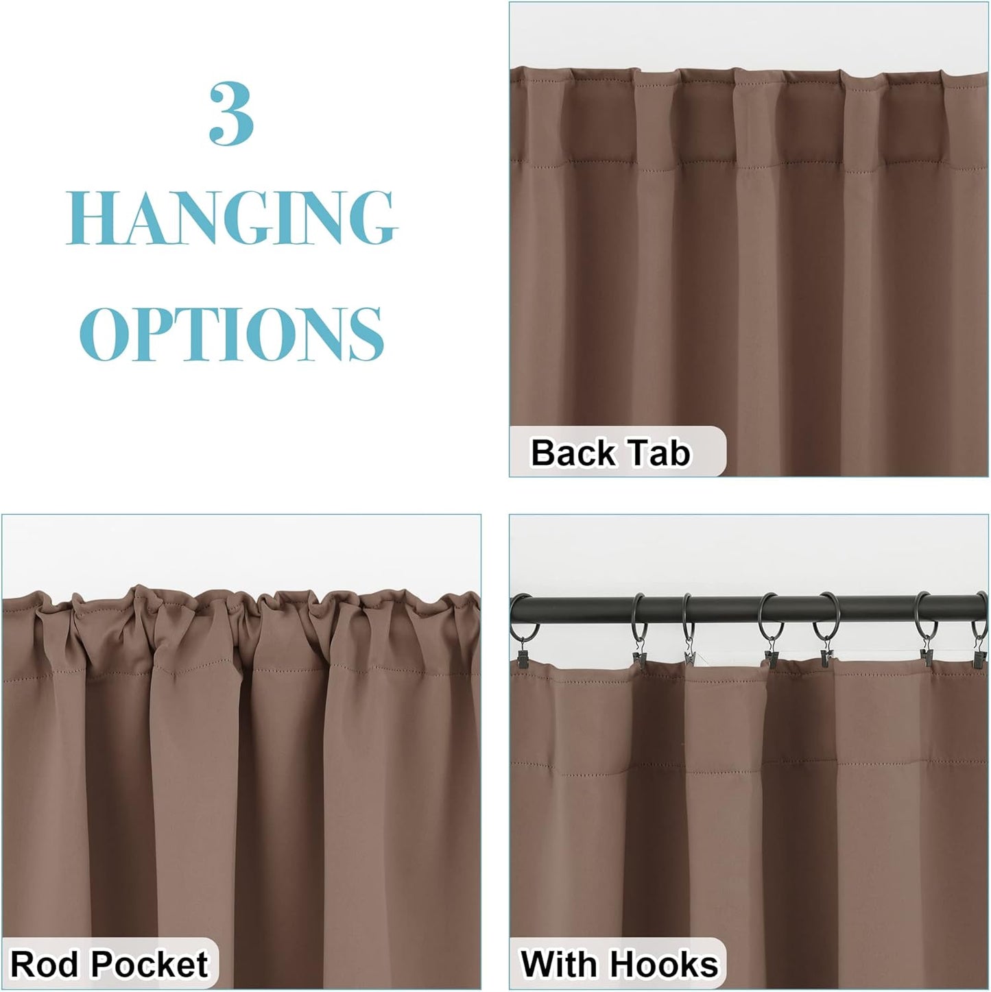 RYB HOME Farmhouse Curtains Blackout - Light Block Thermal Insulated Curtains for Kitchen Cafe Bar Bedroom with Back Tab Top Versatile Hanging, Width 42 x Length 45, Mocha, 2 Panels