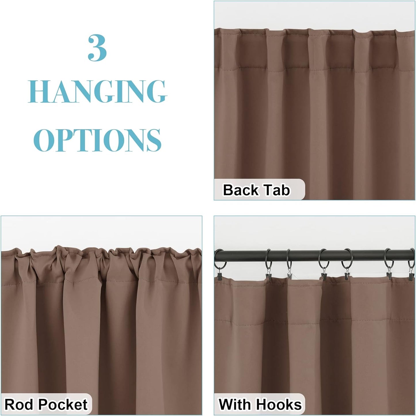 RYB HOME Decorative Curtain Drapes for Coffee, Blackout Window Panels Thermal Insulated Shades Block Summer Heat & Winter Cold for Energy Saving, 42-inch Wide x 72-inch Long, Mocha, 2 Panels
