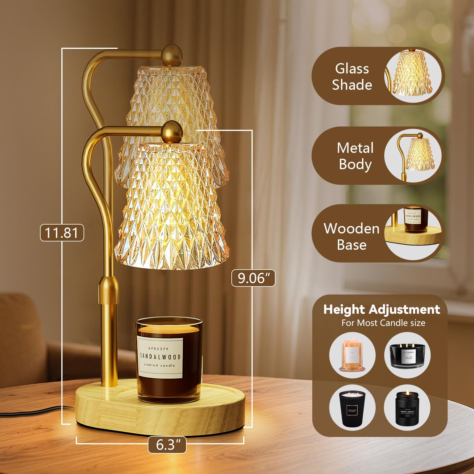 Candle Warmer Lamp with Timer Dimmer, Birthday Gifts for Women Mom, Height Adjustable Wax Melt