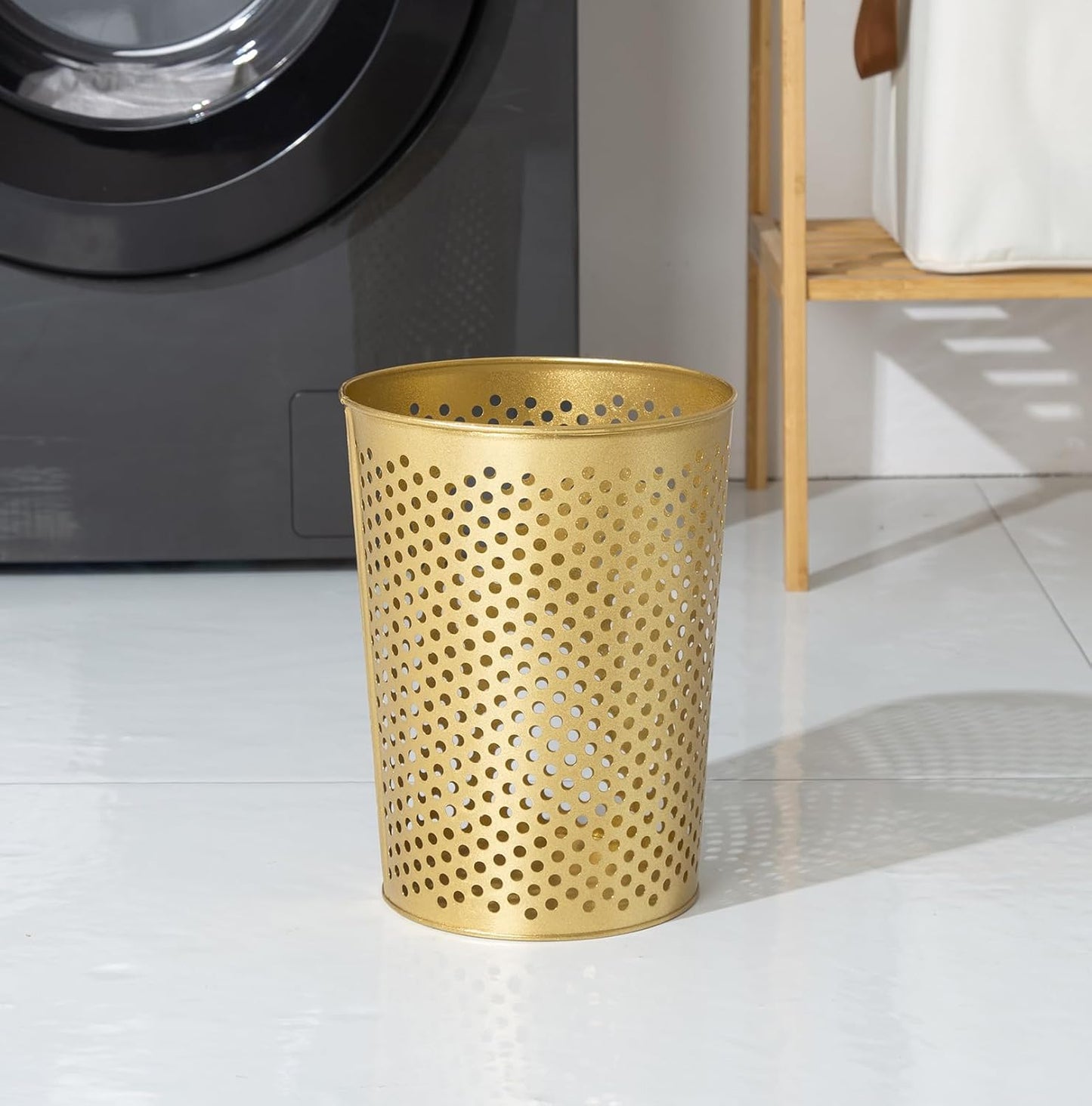Small Gold Metal Trash Can Wastebasket, Decorative Hollow-Out Garbage Can Waste Paper Bin, Modern Farmhouse Round Trash Bin for Bathroom, Bedroom, Kitchen and Office (Dots)