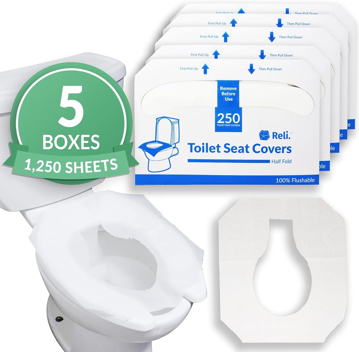 Reli. Toilet Seat Covers (1250 Pcs, 5 Packs of 250) | Disposable Toilet Seat Cover - Flushable - 14x16" (Half-Fold) | Paper Liners for Restroom, Bathroom, Travel, Camping, Kids Potty Training