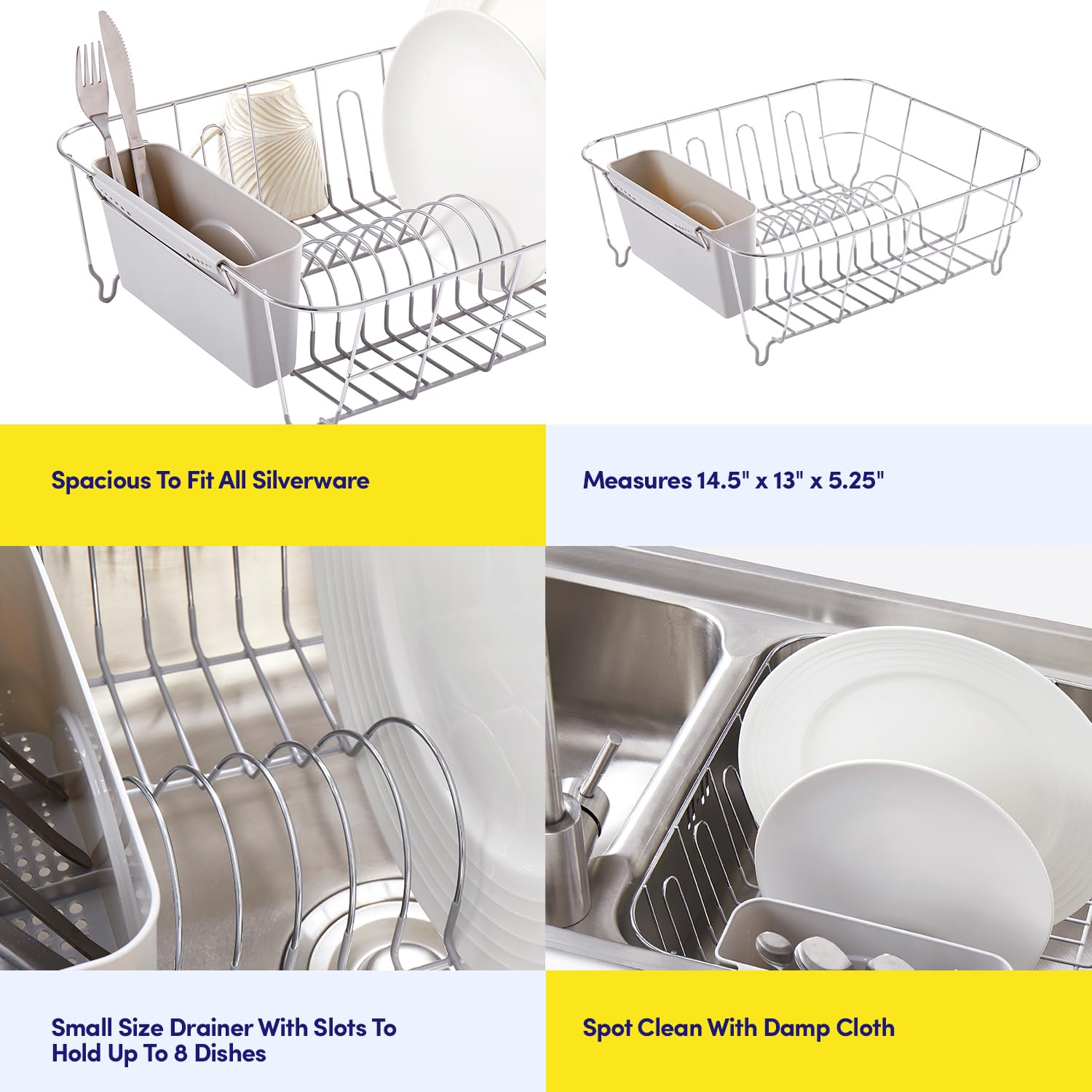 Dish Drying Rack & Cutlery Holder 2 Piece Set - Compact Sink-Fitting Dish Drainer with Rubberized