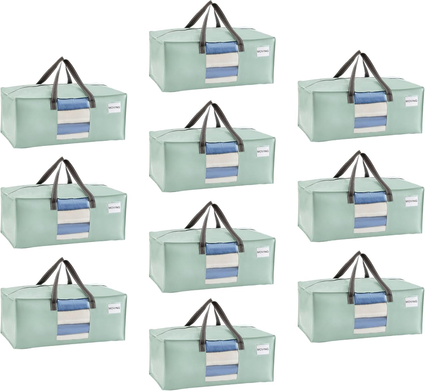 VENO 10 Pack Moving Bags for College, Heavy-Duty Storage Totes, Moving Boxes and Wardrobe Packing Supplies Alternative - Extra Large Durable Laundry Bags for Clothes (Shiny Light Green, 10 Pack)