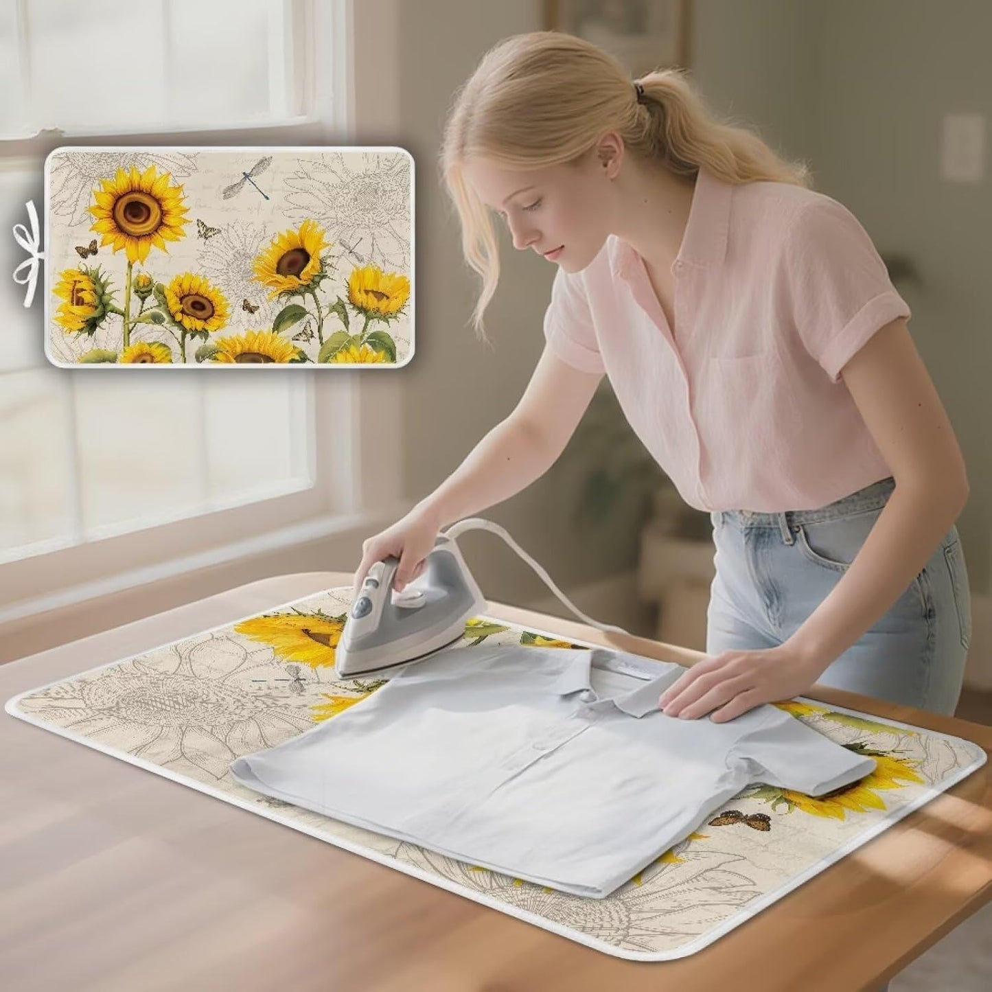 Sunflower Ironing Mat Pad for Table Portable Travel Iron Blanket Vintage Ironing Board Covers Tribal Pressing Mat Heat Press Pads 32x16 Inches,Yellow