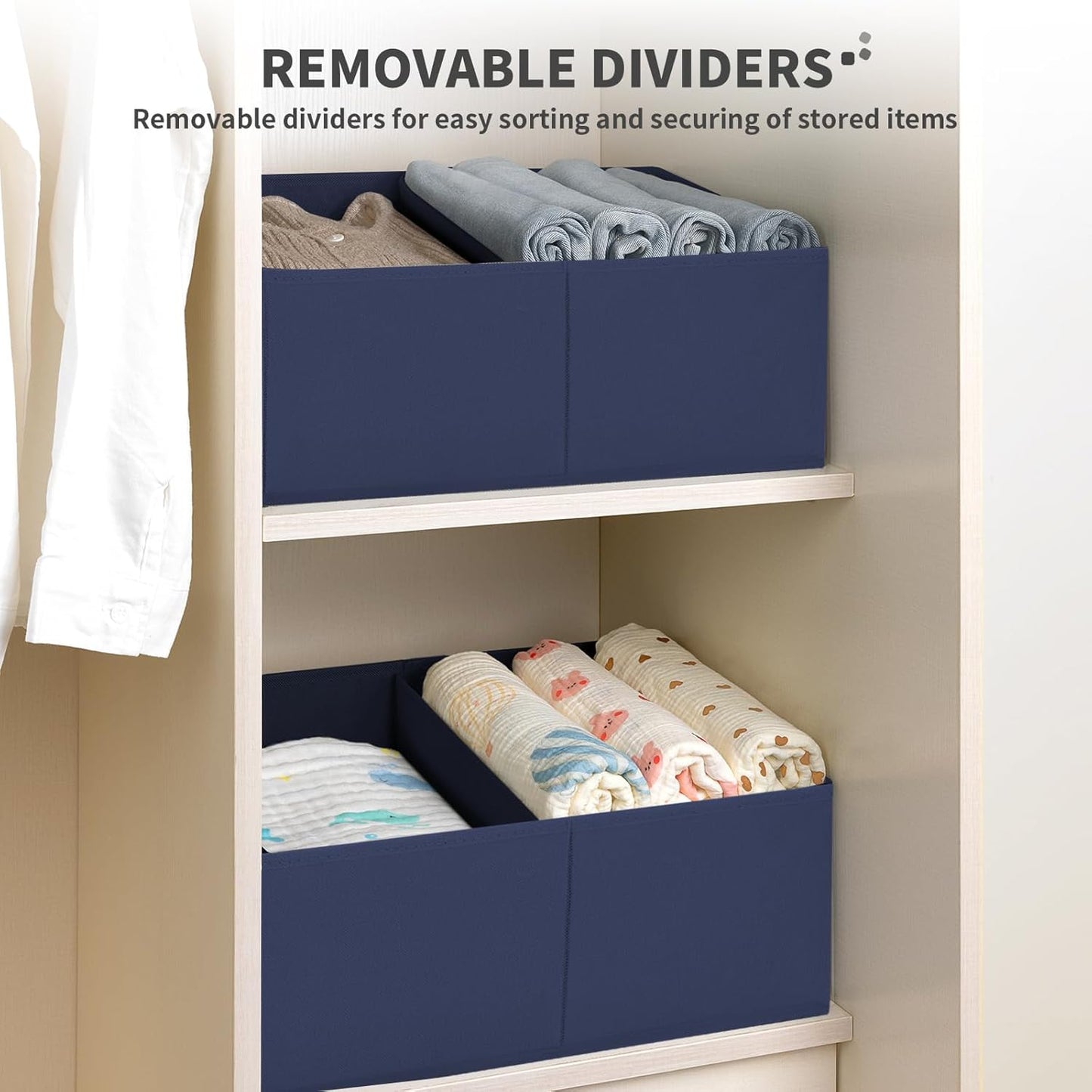 DIMJ Large Closet Shelf Organizer Bins 8Packs with Handles and Divider, Fabric Trapezoid Storage Baskets, Foldable Clothes Containers Box for Shelf, Towel, Book, Toy, Purse, Hats, Navy Blue