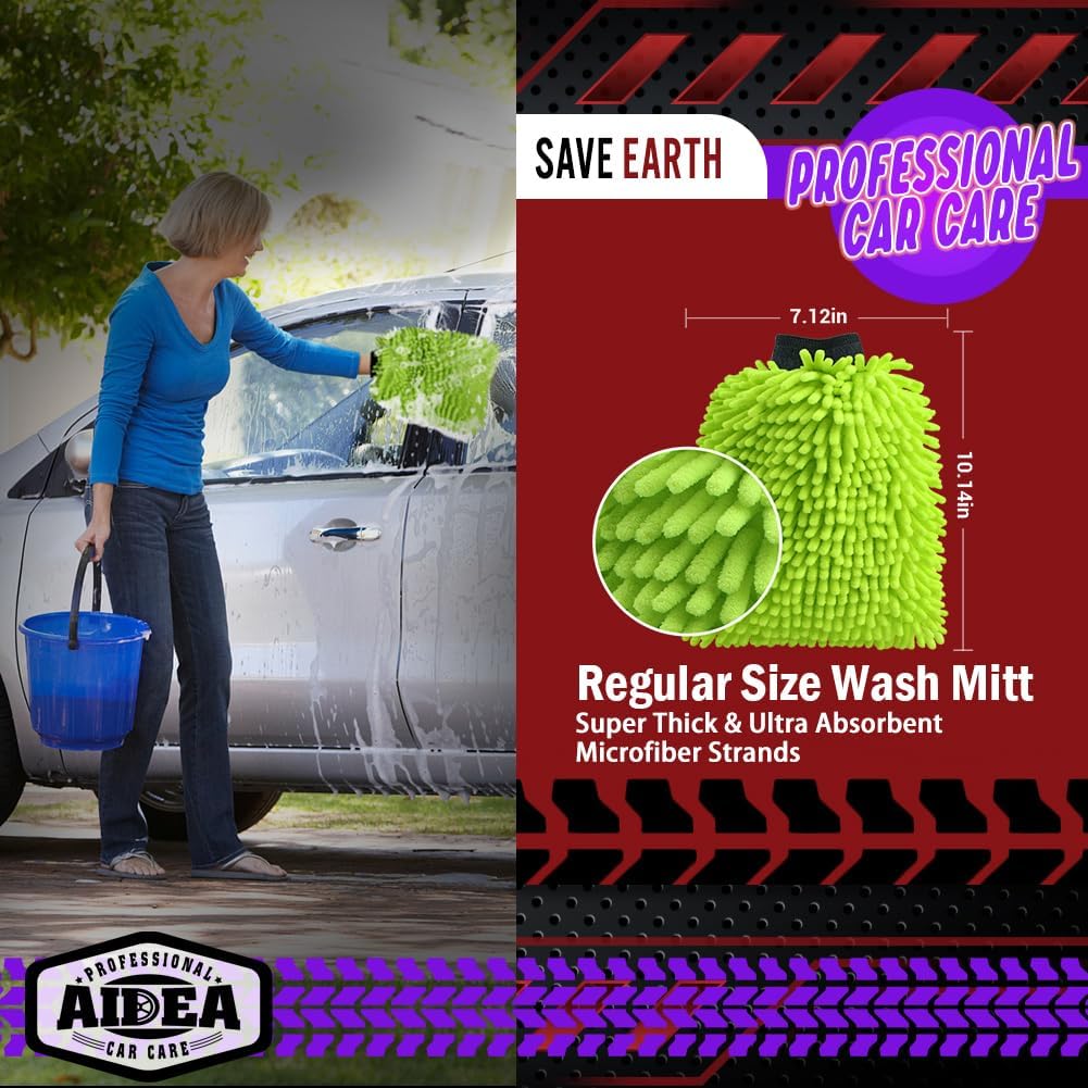 AIDEA Car Wash Mitt Microfiber, 2PK Scratch Free Lint-Free, Premium Chenille Microfiber Mitt Car Wash Brush, Green, Regular Size 7.12''X10.14''