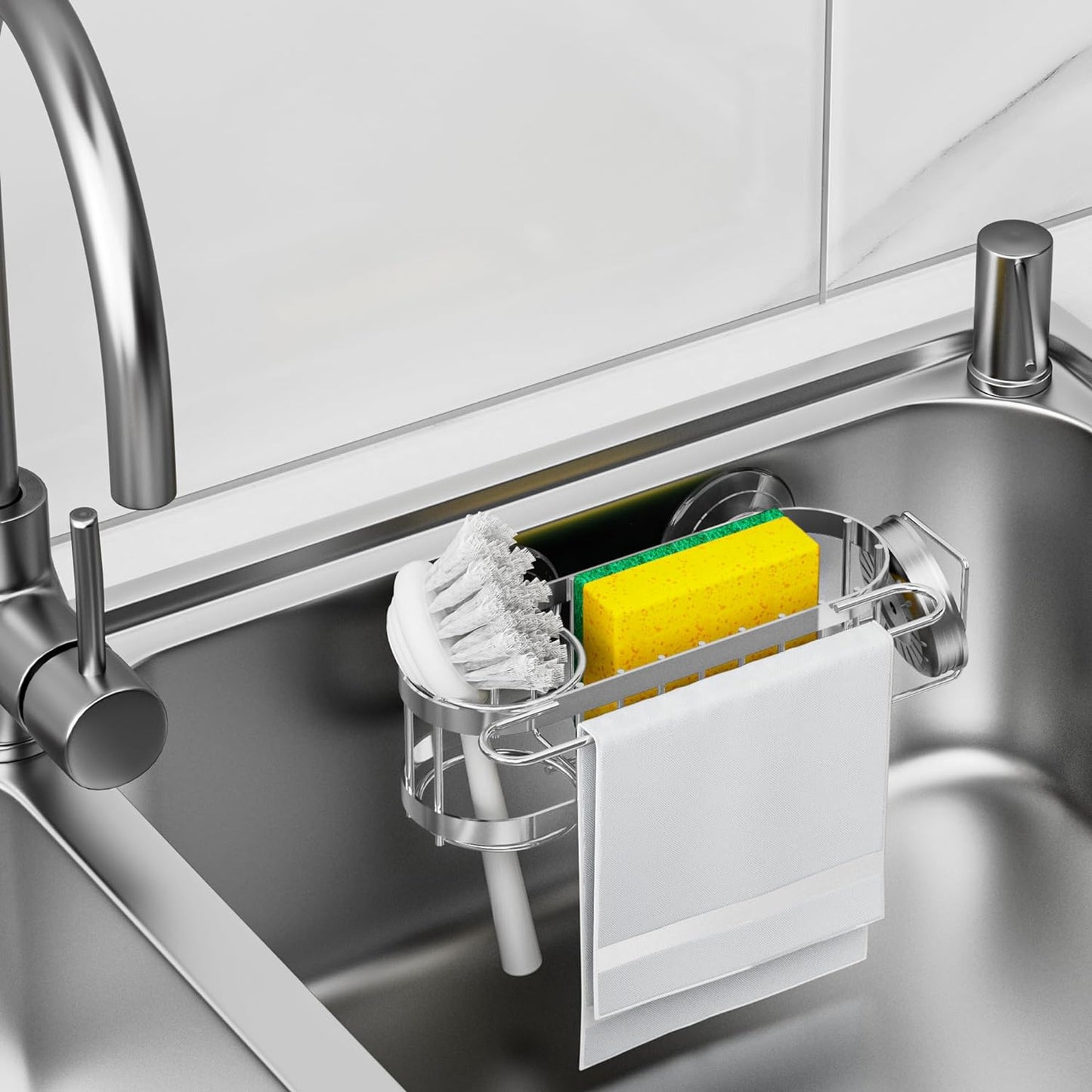 Cisily Kitchen Sink Caddy Sponge Holder in The Sink, Stainless Steel Kitchen Sink Organizer, Brush Holder, Dish Cloth Hanger, Sink Stopper Holder with 2 Installation Ways (Suction & Adhesives, Silver