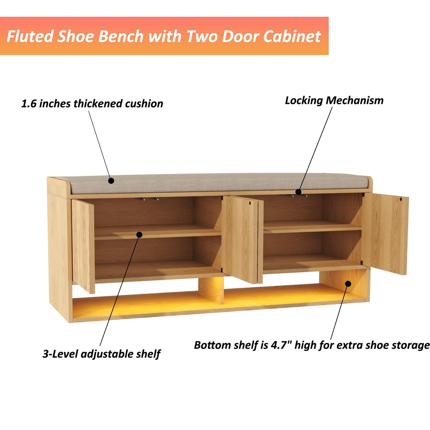 HOMEFORT 47.2" Fluted Shoe Storage Bench, Entryway Bench with Linen Seat Cushion, Shoe Cabinet