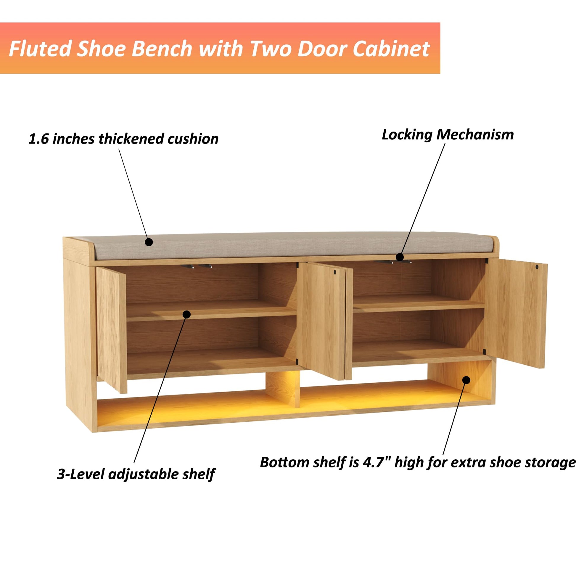 HOMEFORT 47.2" Fluted Shoe Storage Bench, Entryway Bench with Linen Seat Cushion, Shoe Cabinet