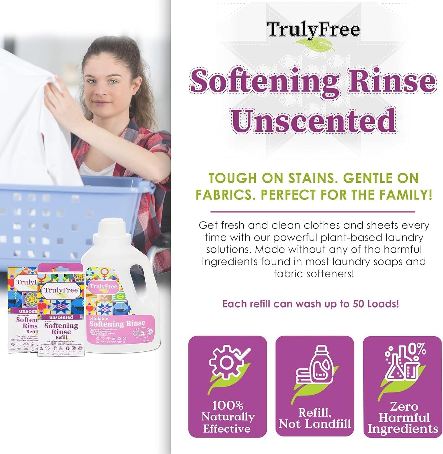 Truly Free Fabric Softening Conditioner for Clothes| Safe for Babies & Kids with Sensitive Skin | Plant-Based | Includes 4 Refills | Unscented Rinse(200 Loads)