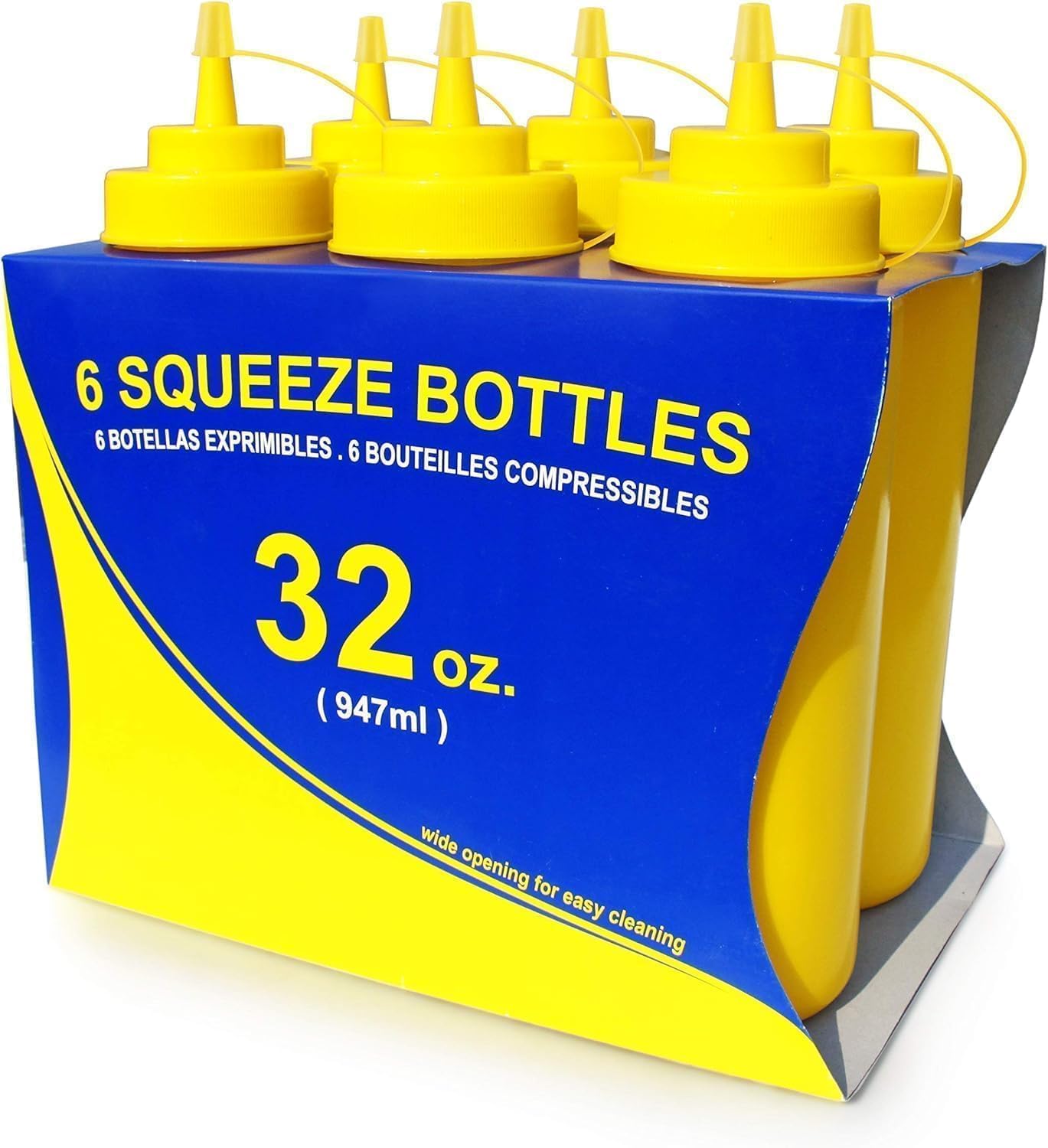 New Star Foodservice 533739 Plastic Squeeze Bottles with caps, Wide Mouth, 32 oz, Yellow, Pack of 6