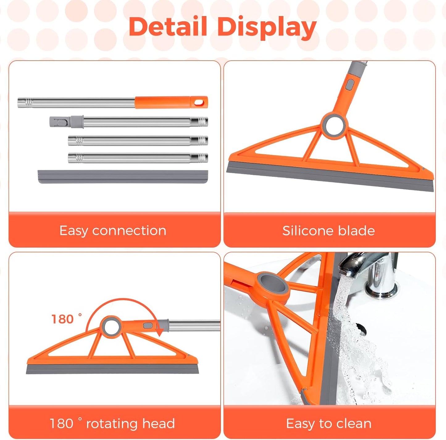 2-in-1 Air Broom, 180° Rotating 54 Inch Adjustable Silicone Rubber Broom Includes 2 Scraping Strips, Sweep and Silicone Tools with Long Handle for Cleaning Bathrooms,Glass,Tiles,Pet Hair