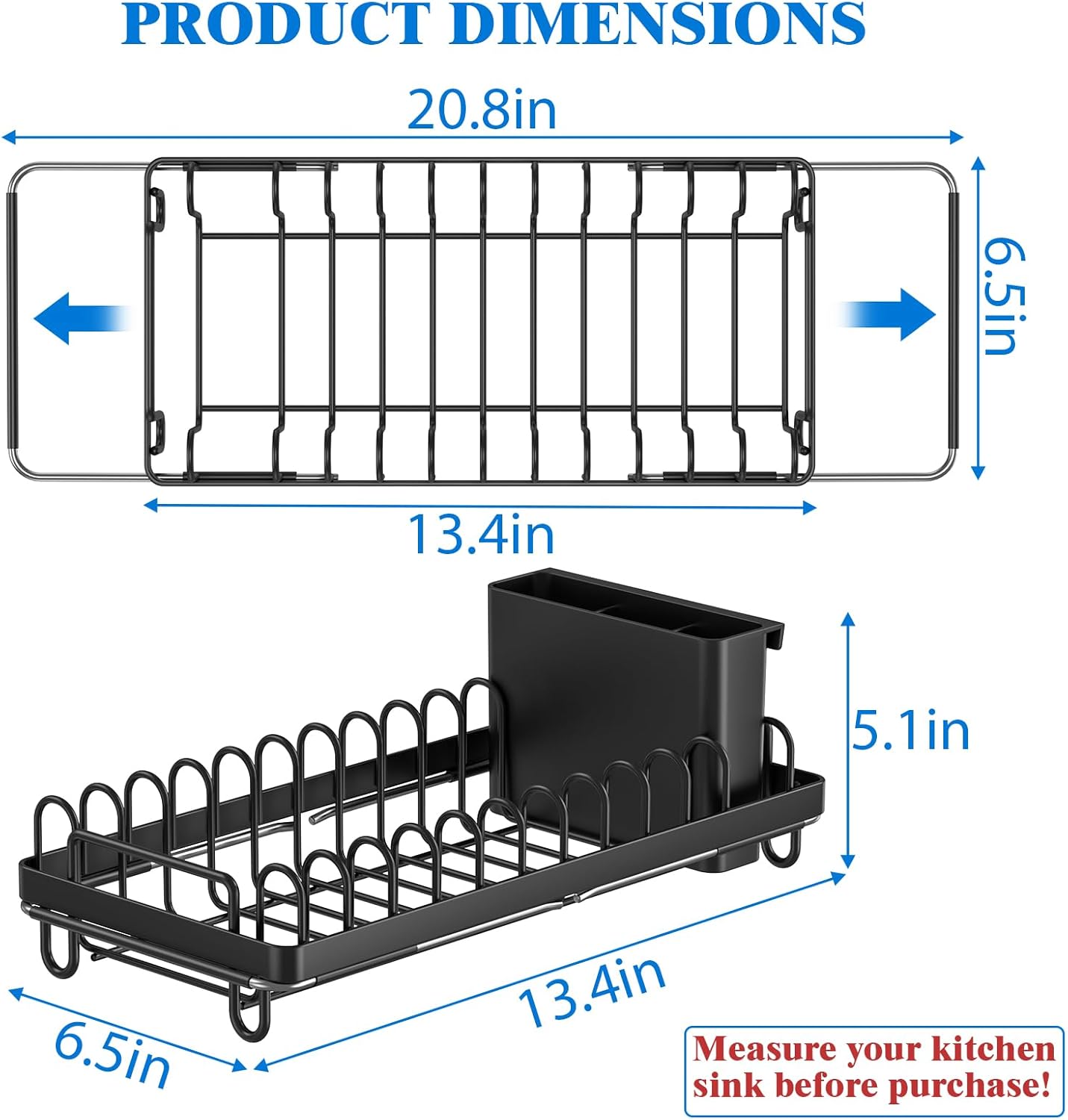 Small Dish Drying Rack Over The Sink, Compact Dish Rack with Silicone Mat for Kitchen Counter, Expandable Dish Drainers Drying Rack Used in Sink & on Countertop, Black