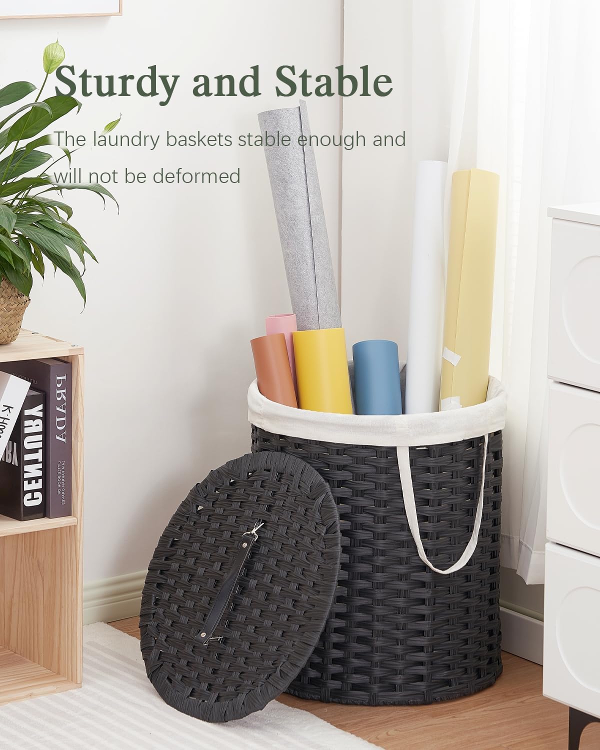 Laundry Hamper with Lid Wicker Laundry Hamper Round 26.5 Gal (100 L) Laundry Basket Handwoven Rattan Laundry Basket with Removable Bag Handles 2 Mesh Bags for Living Room Bedroom Black