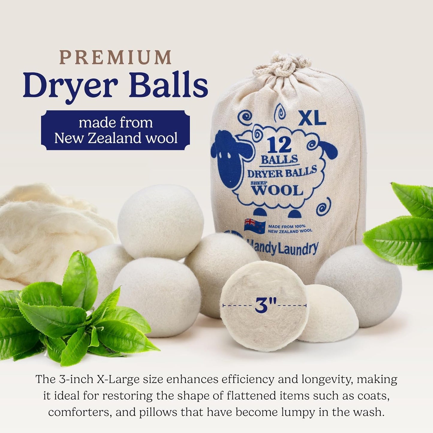 Handy Laundry Wool Dryer Balls 12-Pack, Reusable Natural Fabric Softener