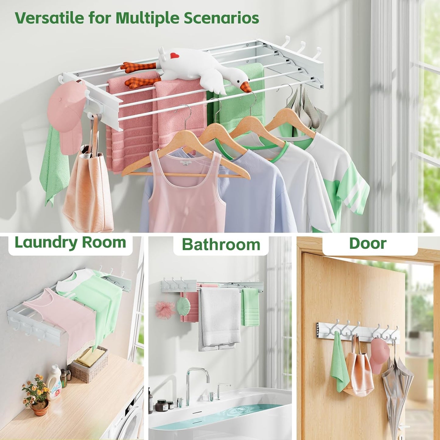 BAKON Clothes Drying Rack Wall Mounted 40", Laundry Clothes Drying Rack Collapsible with 6 Towel Hooks and 5 Rods for Hanging Clothes, Space Saving Laundry Rack for Small Space Bathroom Bedroom(40")