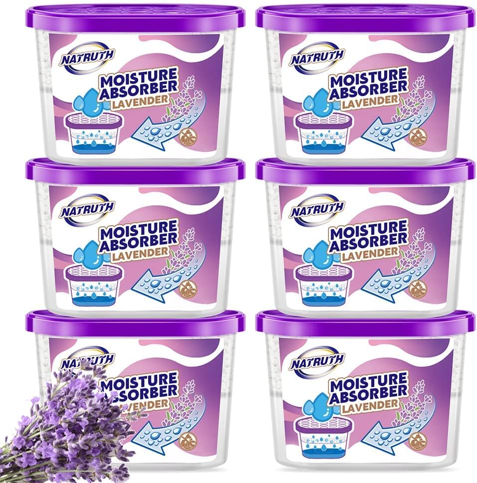 NATRUTH Moisture Absorbers 10.5OZ*6-Pack With Lavender Scent,Portable Closet Dehumidifier, Odor Eliminator Absorber Bucket,Humidity Absorber,Cleaner Air Dehumidifier for Closet,Bathrooms, Boats